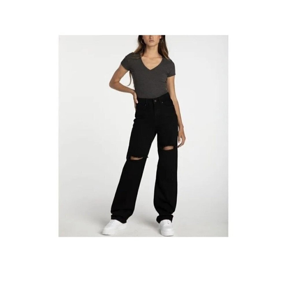 RSQ Black Distressed High Rise Baggy Jeans Straight Leg Size 25 J78